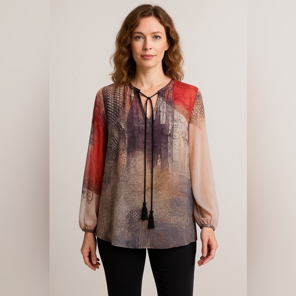 Cristina Sheer Long Sleeve Blouse Womens Tassel Oversized Mature Tunic Boho S